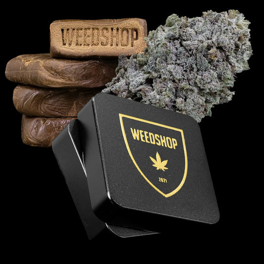 THCA starter bundle with hash, greenhouse cannabis flower and metal grinder