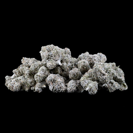 White Widow 22% THCA indoor popcorn buds with dense frosted trichome coverage